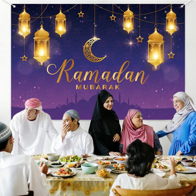 Ramadan Kareem Backdrop Photo Booth Background With Moon Star Castle Pattern Eid Mubarak Background for Backyard Al-fitr Gift