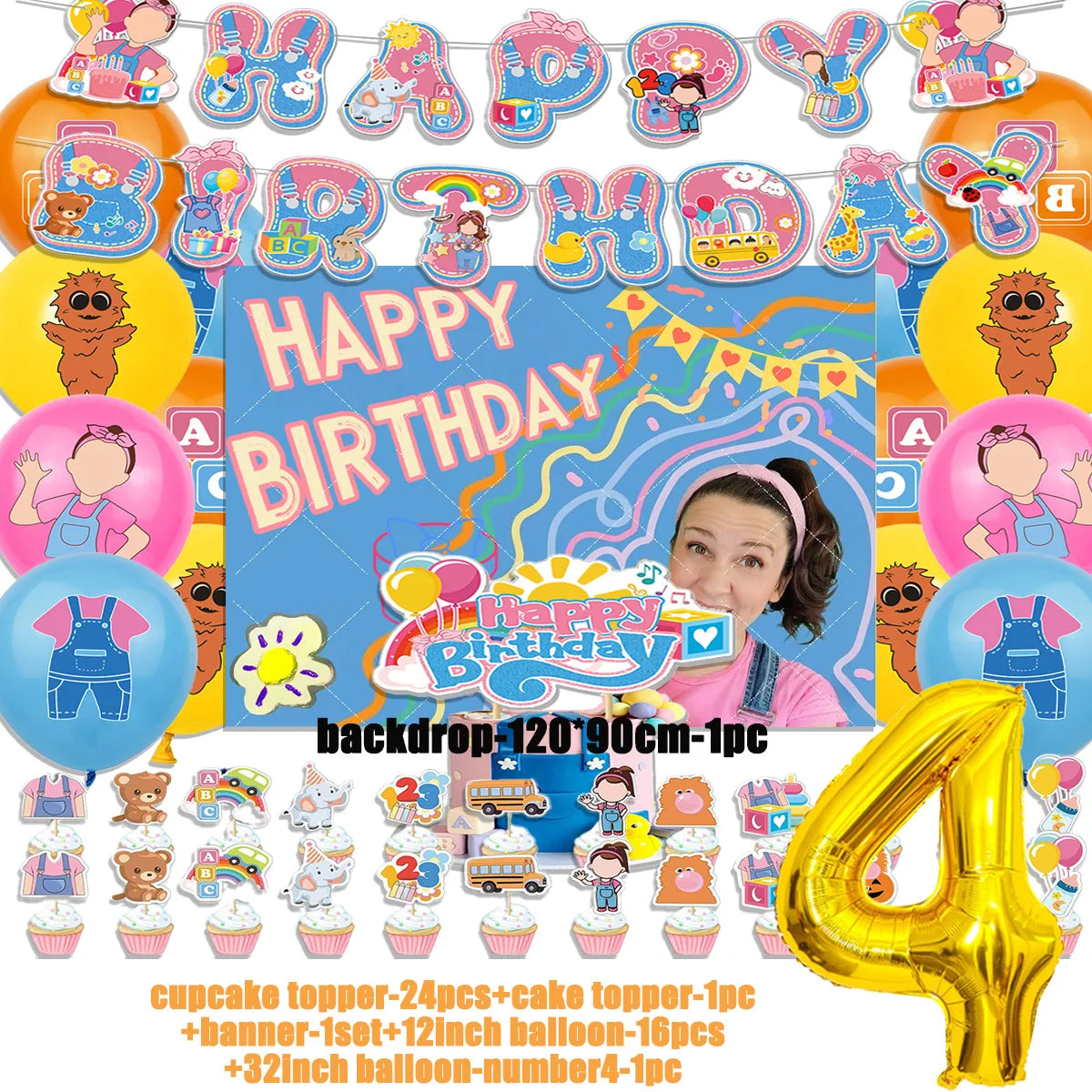 Cartoon English Teacher Theme Child Birthday Party Decor Ms&Racheled Balloon Banner Backdrops Cupcake Toppers for Kids Gifts