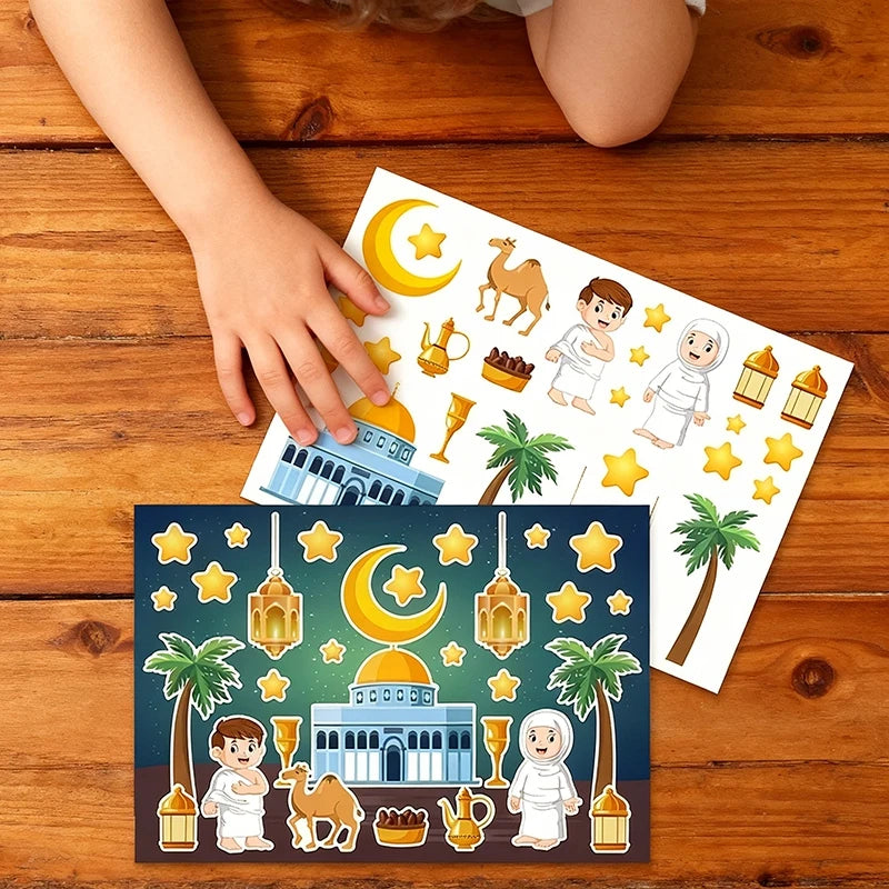 Eid Mubarak DIY Craft Kit Ramadan Kareem Hanging Swirls Garland Decor DIY Mosque Scene Stickers Eid Al-fitr Party Supplies