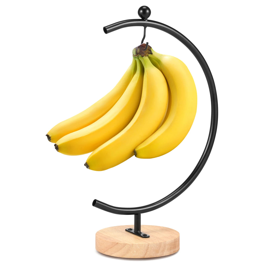 Banana Holder Stand Moon Shape Banana Hanger Rack Metal Fruit Hanger with Wood Base Stable Banana Hanger Stand Decorative