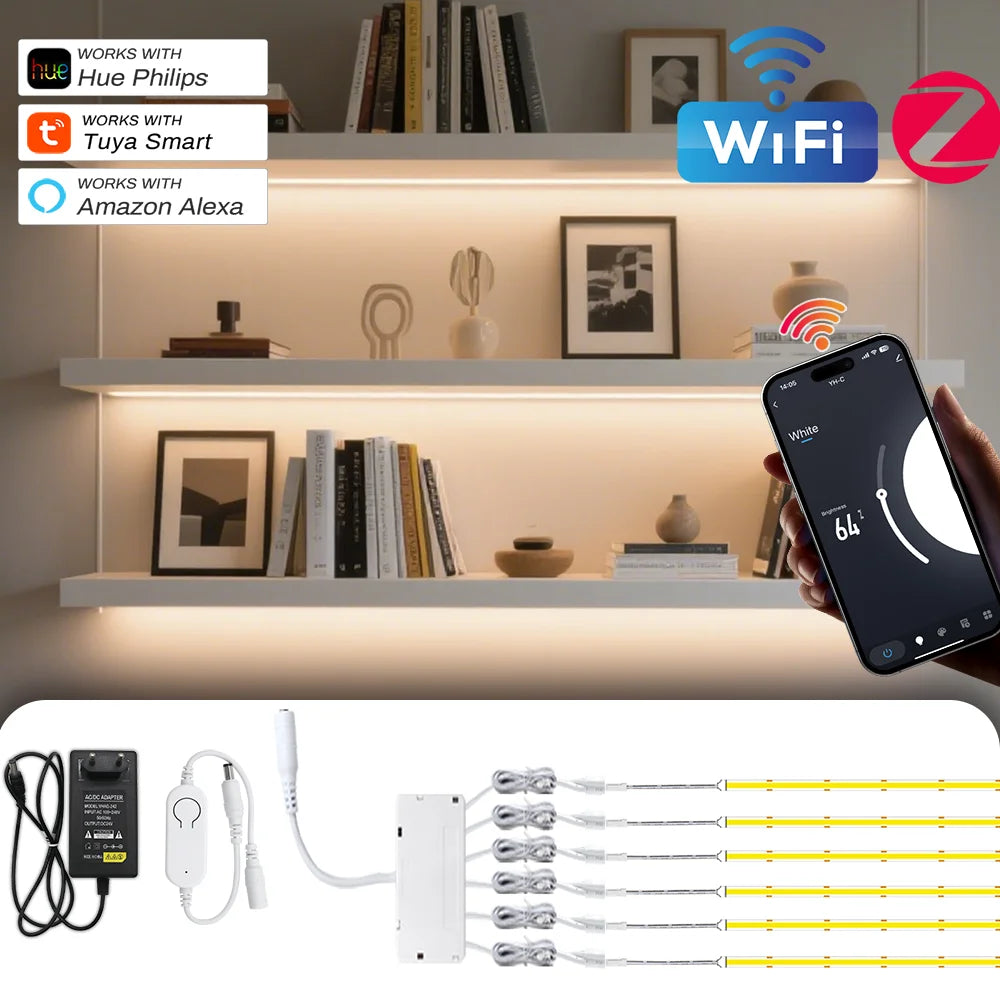 WiFi Zigbee Under Cabinet COB Led Strip Dimmable Bookcase Wardrobe Closet Ribbon Light Kit Collection Display Backlight LED Tape