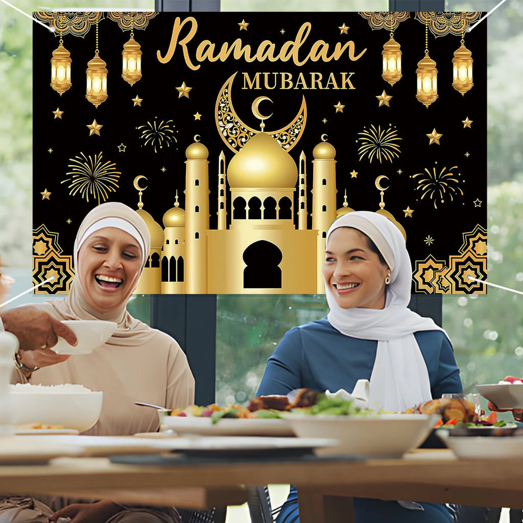 Ramadan Mubarak Backdrop Decoration Eid Background Banner, Kareem Decorative Wall Ramazan Poster, Muslim Black Gold Fabric Sign