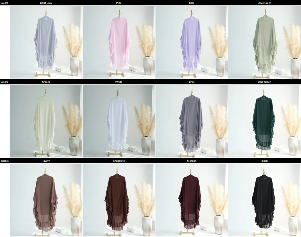 Ruffles Extra-long 2 Layers Chiffon Khimar, Sweet Muslim Women Hijab Scarf, Dubai Turk Islamic Clothing, Headscarf, Ramadan Eid