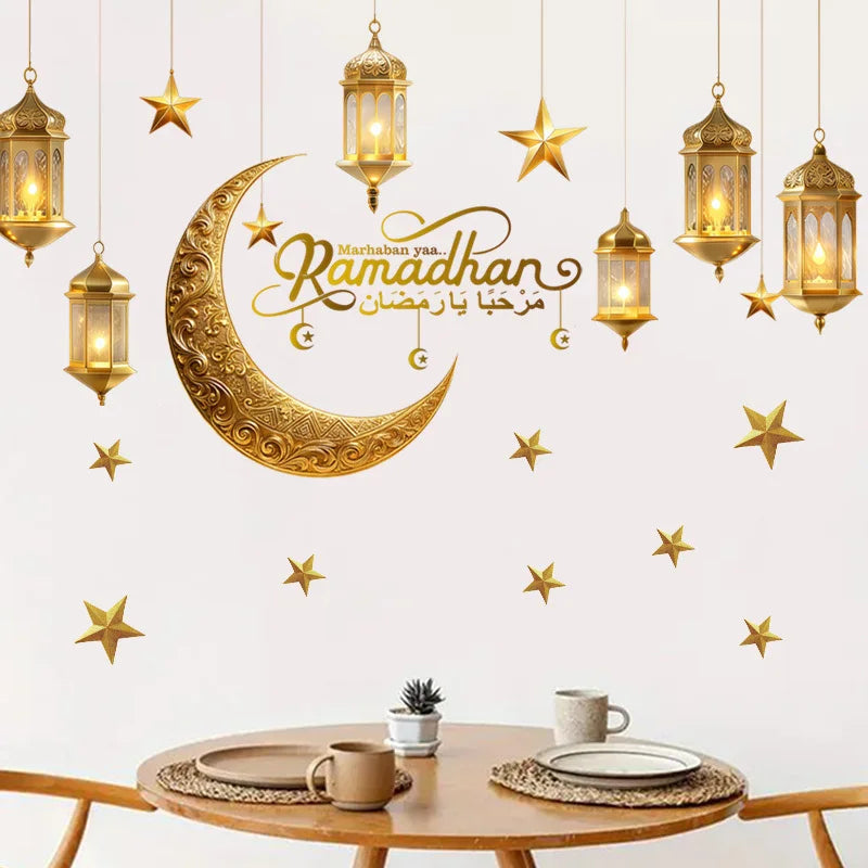 Ramadan Wall Decor Stickers Islamic Muslim Wall Decals Eid Mubarak Ramadan Lantern Moon Star Window Decor for Home Decorations