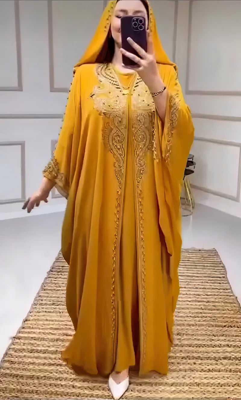 Eid Muslim Dress for Women – Hooded 2-Piece Diamond Jalabiya Kaftan