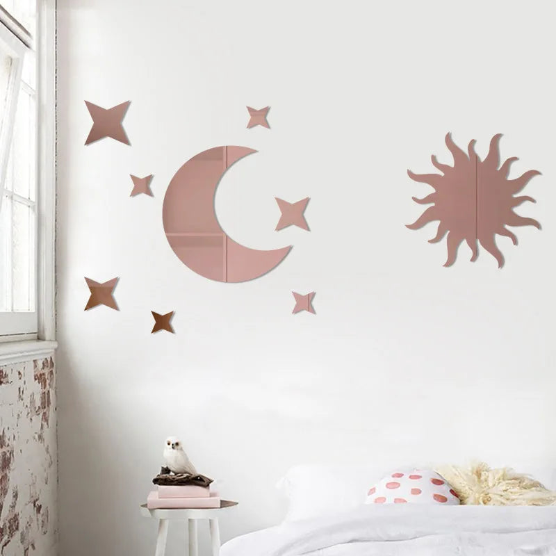 Acrylic Star Moon sun 3D Mirror Wall Sticker Acrylic Mirror Mural Decals Bathroom Mirror Wall Stickers For Kids Room Decor