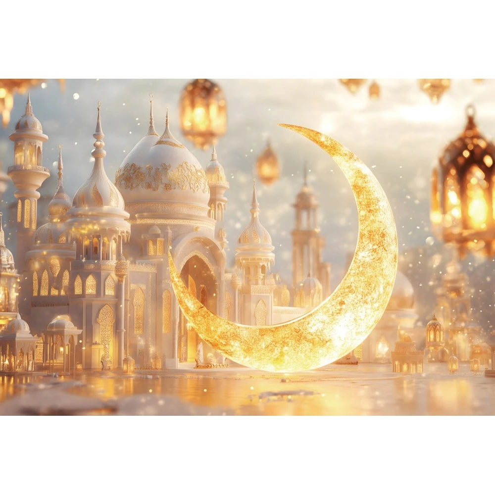 Eid Mubarak Backdrop Islamic Mosque Ramadan Aladdin Moroccan Golden Moon Lantern 2026Muslim Kareem Al Fitr Festival Photo Banner