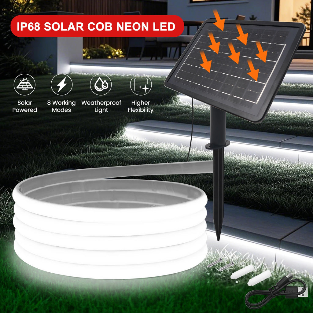 IP68 Waterproof Solar Powered COB Neon Strip 24V 320Leds 3000K 4000K 6000K Red/Green/Blue/Yellow Flexible Ribbon Rope LED Light