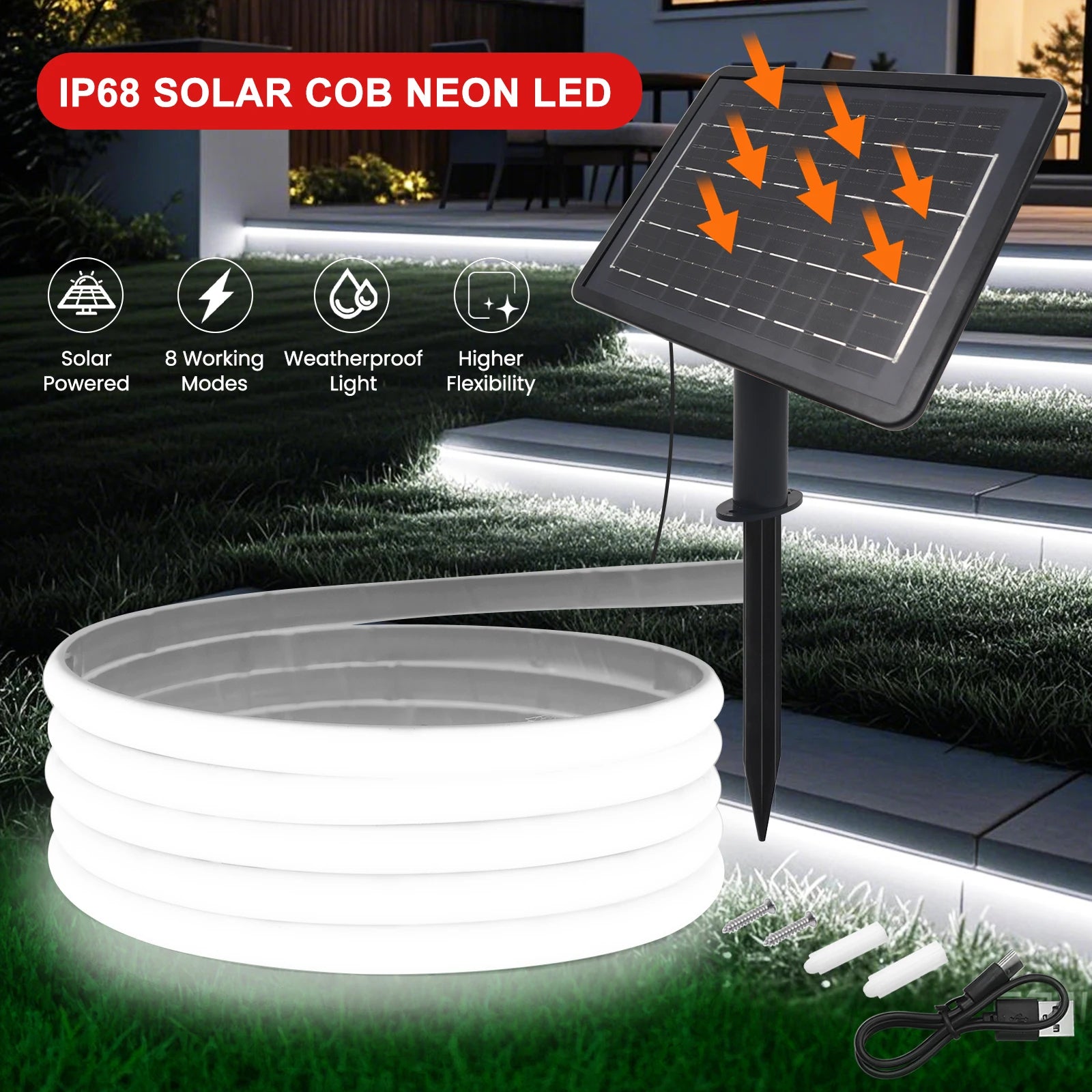 IP68 Waterproof Solar Powered COB Neon Strip 24V 320Leds 3000K 4000K 6000K Red/Green/Blue/Yellow Flexible Ribbon Rope LED Light