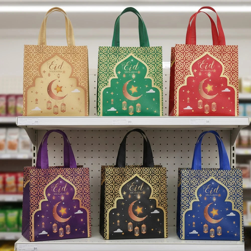 6/12pcs Eid Mubarak Non-Woven Gift Bags with Handle Ramadan Gift Packaging Bag Ramadan Kareem Decor Islamic Festival Party Favor
