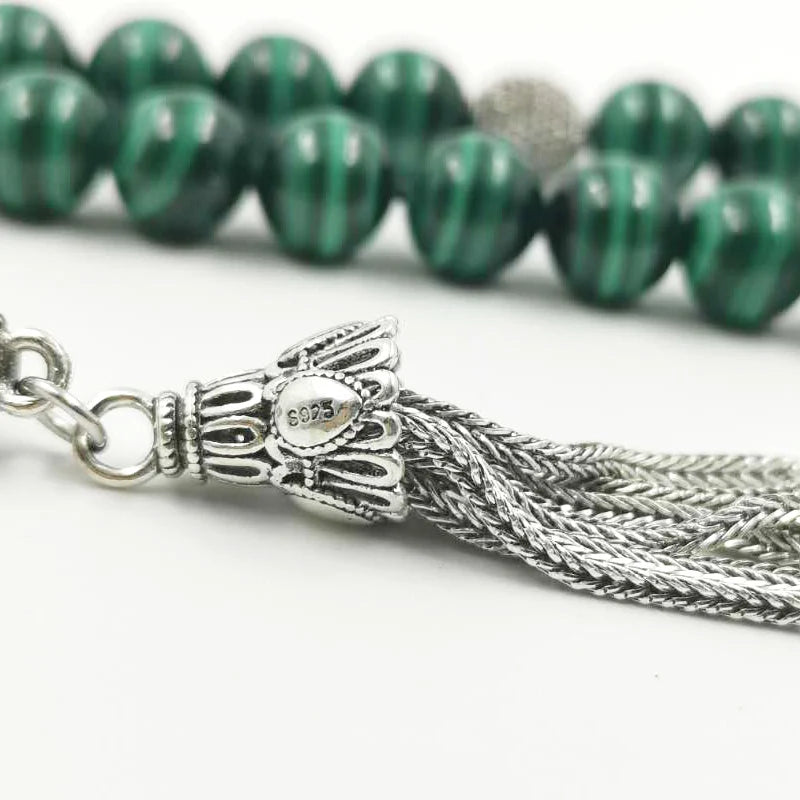 Luxurious Tasbih 100% Natural Green Malachite Grade AAAAA with 925 Sterling Slivers Teaasel islamic rosary Muslim Eid adha gift