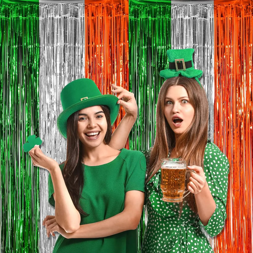 3 Pack St. Patrick's Day Foil Fringe Curtains Green White Orange Tinsel Fringe Photo Booth Prop Backdrop for Irish Party Decor
