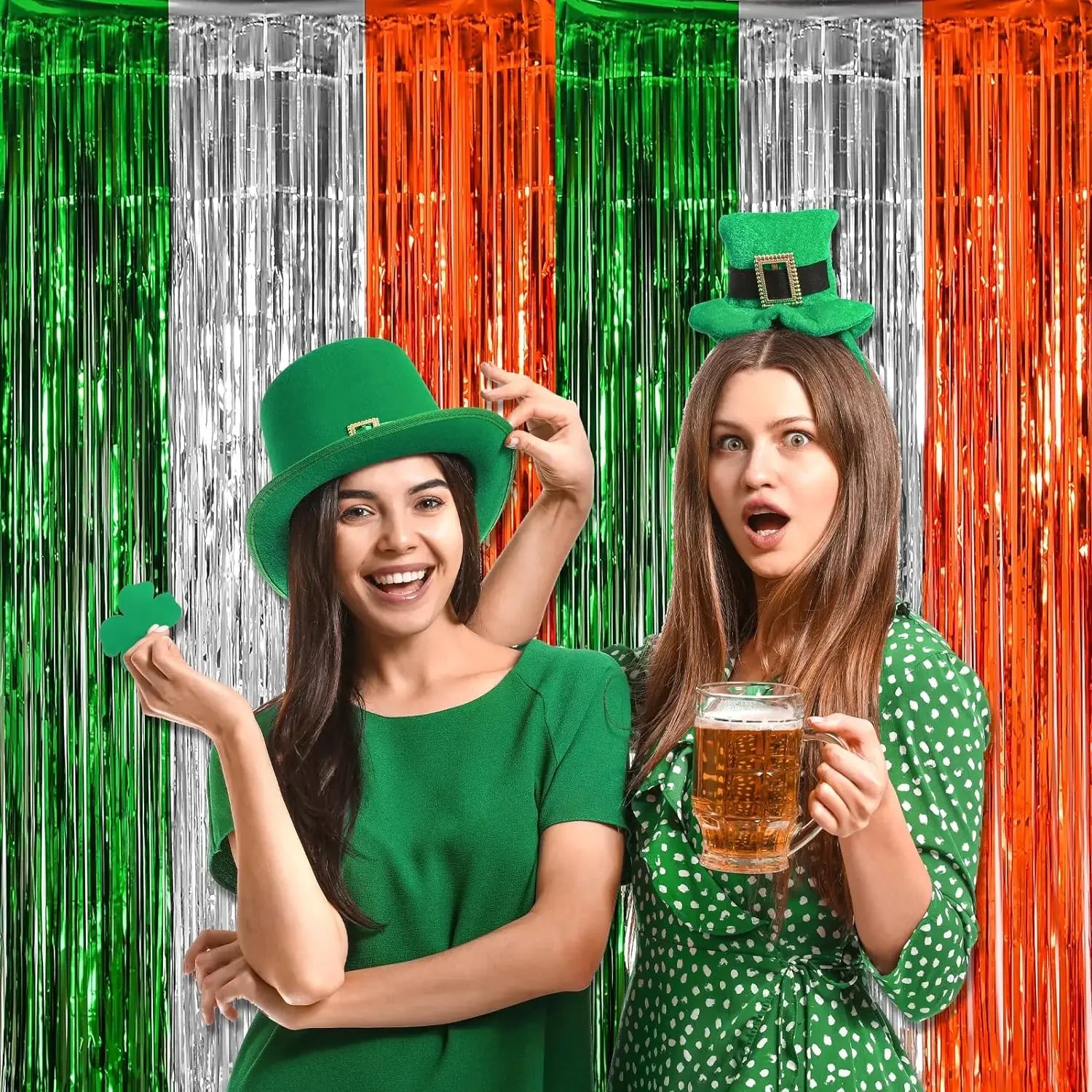 3 Pack St. Patrick's Day Foil Fringe Curtains Green White Orange Tinsel Fringe Photo Booth Prop Backdrop for Irish Party Decor
