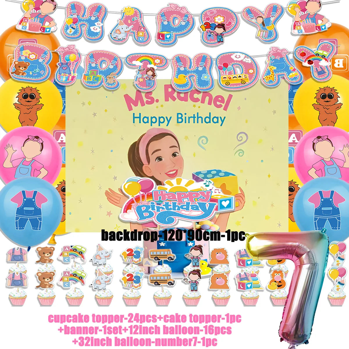 Cartoon English Teacher Theme Child Birthday Party Decor Ms&Racheled Balloon Banner Backdrops Cupcake Toppers for Kids Gifts