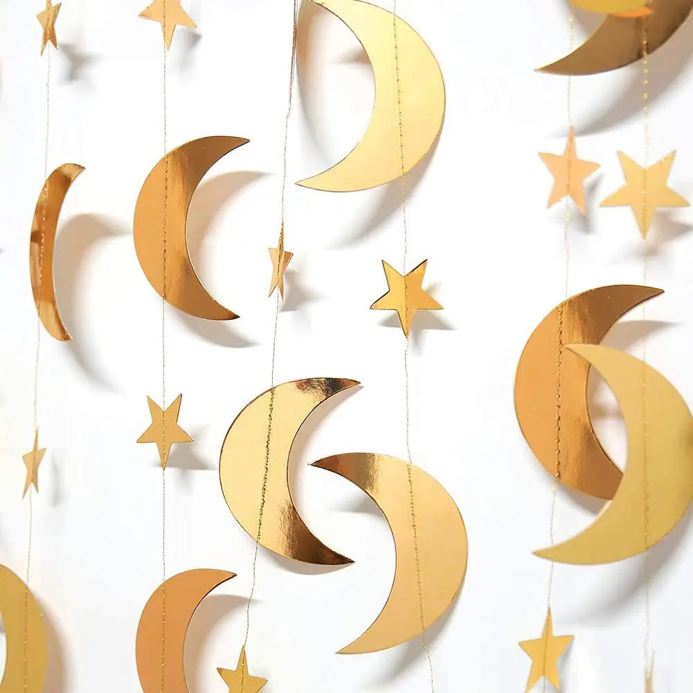 Gold Eid Mubarak Ramadan Decor Paper Star Moon Circle Dot Crescent Lamp Garland for Home Muslim Party Backdrop Banner Decoration