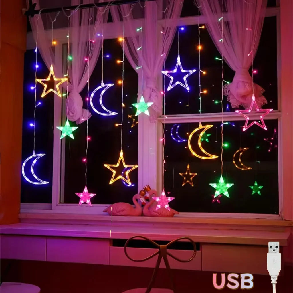 USB-Powered LED Star Moon Curtain String Lights Warm/Multicolor Hanging Romantic Atmosphere Lamp for Indoor Party Ramadan Decor
