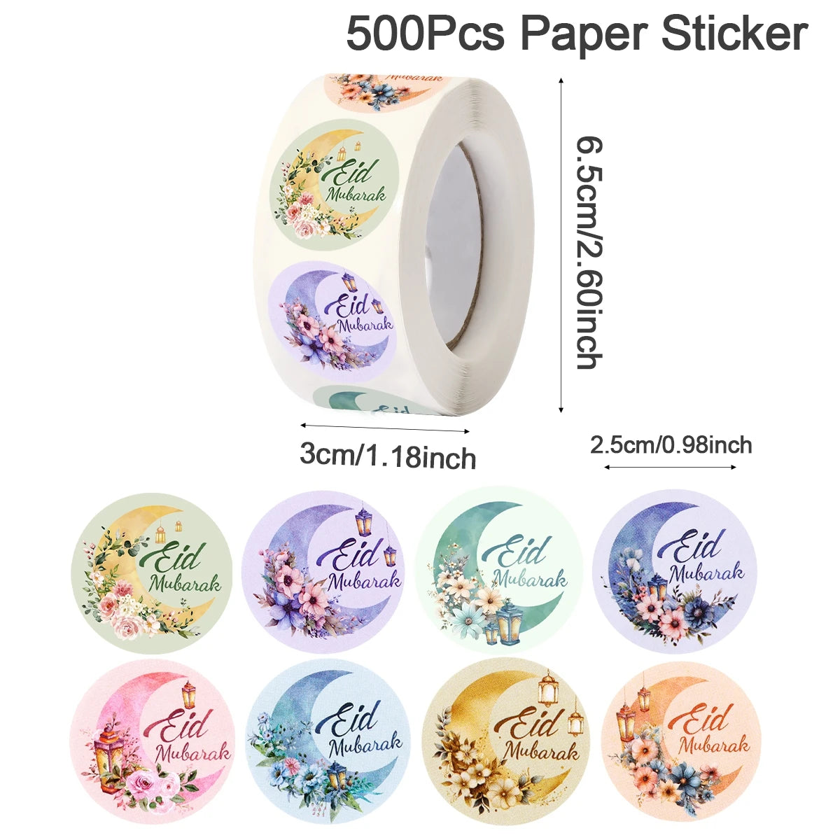 500Pcs EID Mubarak Stickers Colorful Box Seal Lables Ramadan Kareem Paper Sticker Islamic Muslim Party DIY Decorations 2025
