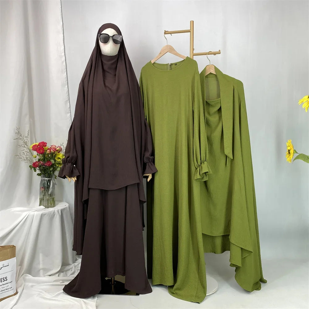 Dubai Turkey Kaftan Eid Ramadan Overhead Khimar Burqa Muslim Women Prayer Dress Set 2PCS Niqab Abaya Islamic Jalabiya Djellab