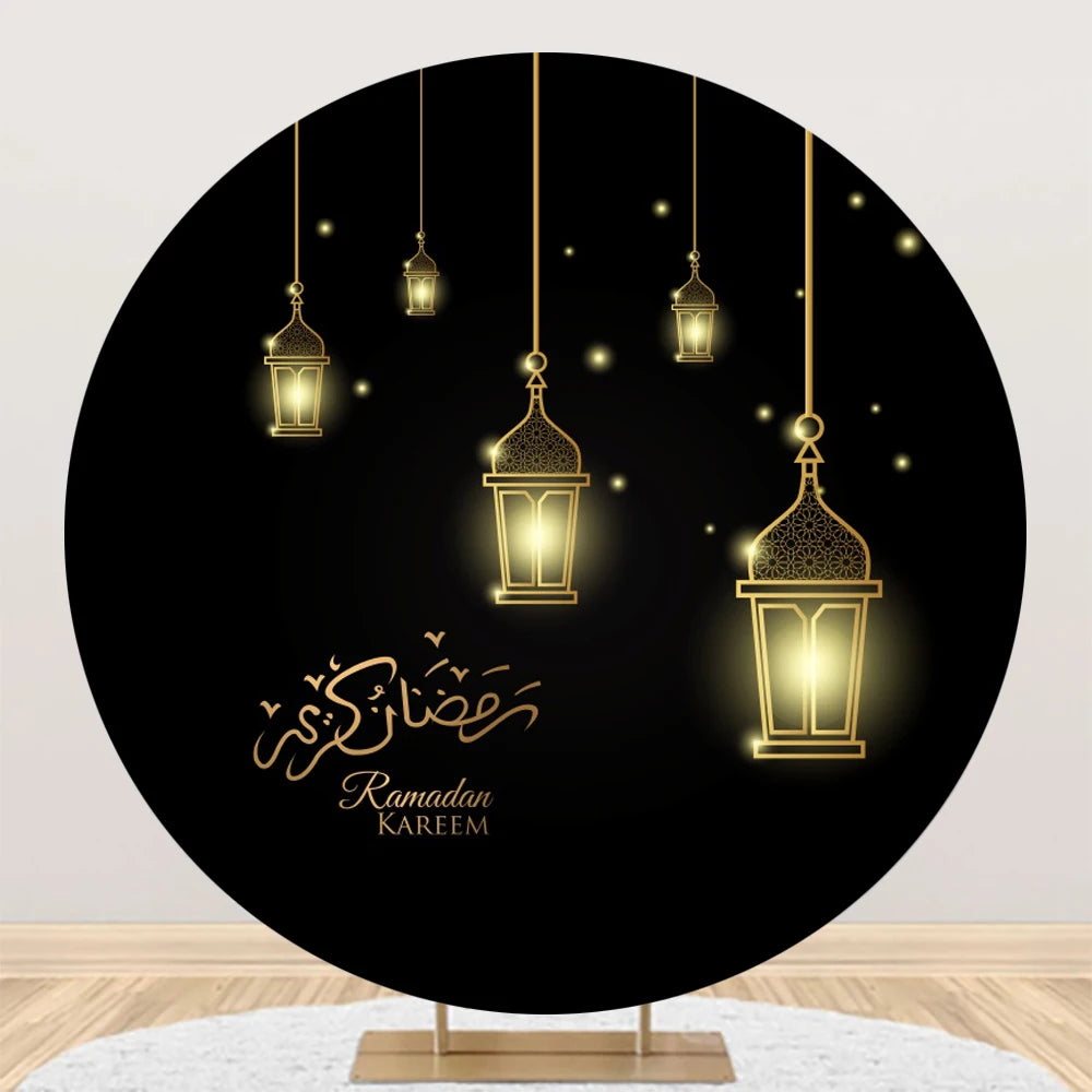 Eid al Fitr Mubarak Round Backdrop Cover Arab Ramadan Karim Golden Moon Star Cloud Lantern Party Decor Banner Photo Stall Props