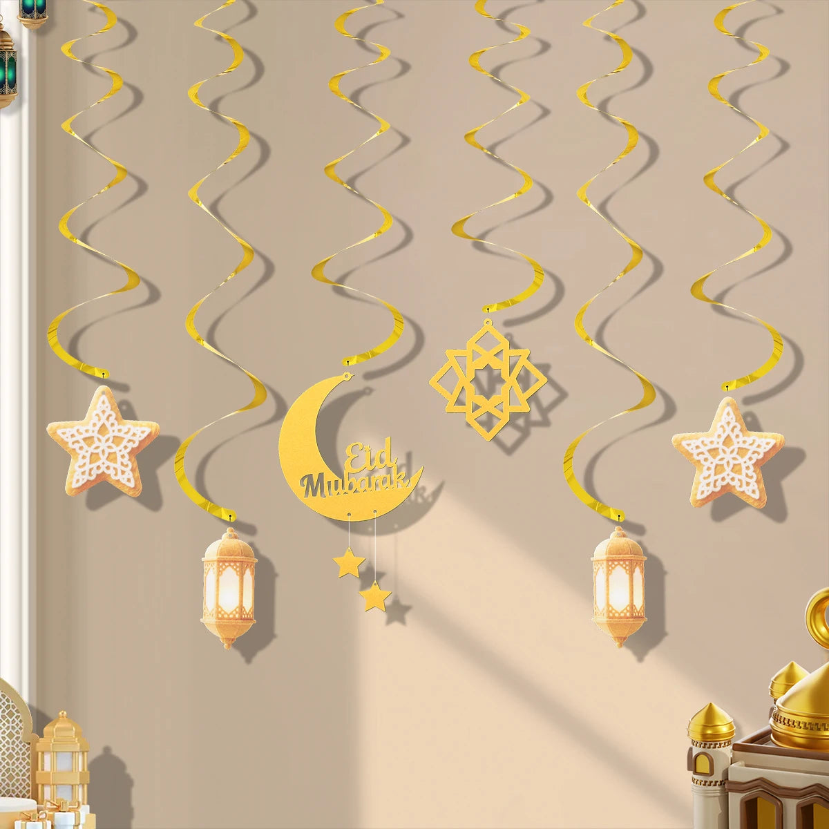 Ramadan Eid Mubarak Party Backdrop Decoration Spiral Banner Moon Star Lights Hanging Decor