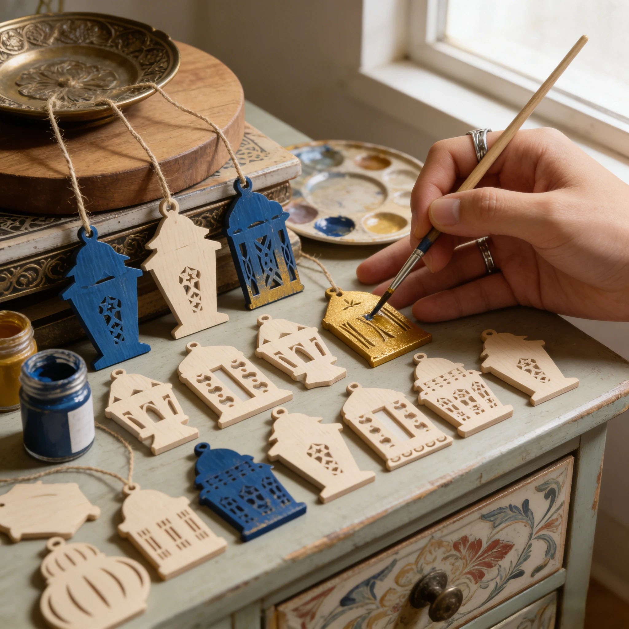 1 Set of 12 Easter Wooden Ornaments, Islamic Wooden Lanterns and Crescent Decorations Suitable for Eid Al-Fitr, Muslim Family's Ramadan Ending Period Hanging Decorations, Can Be Diyed and Colored by Yourself