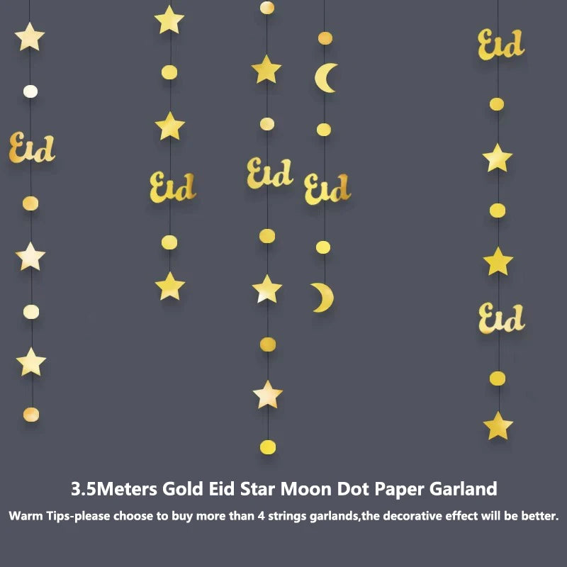 Gold Star Moon Circle Dot Crescent Lamp Eid Paper Garland Gold Mubarak Ramadan Streamer Backdrop Muslim Party Banner Decorations