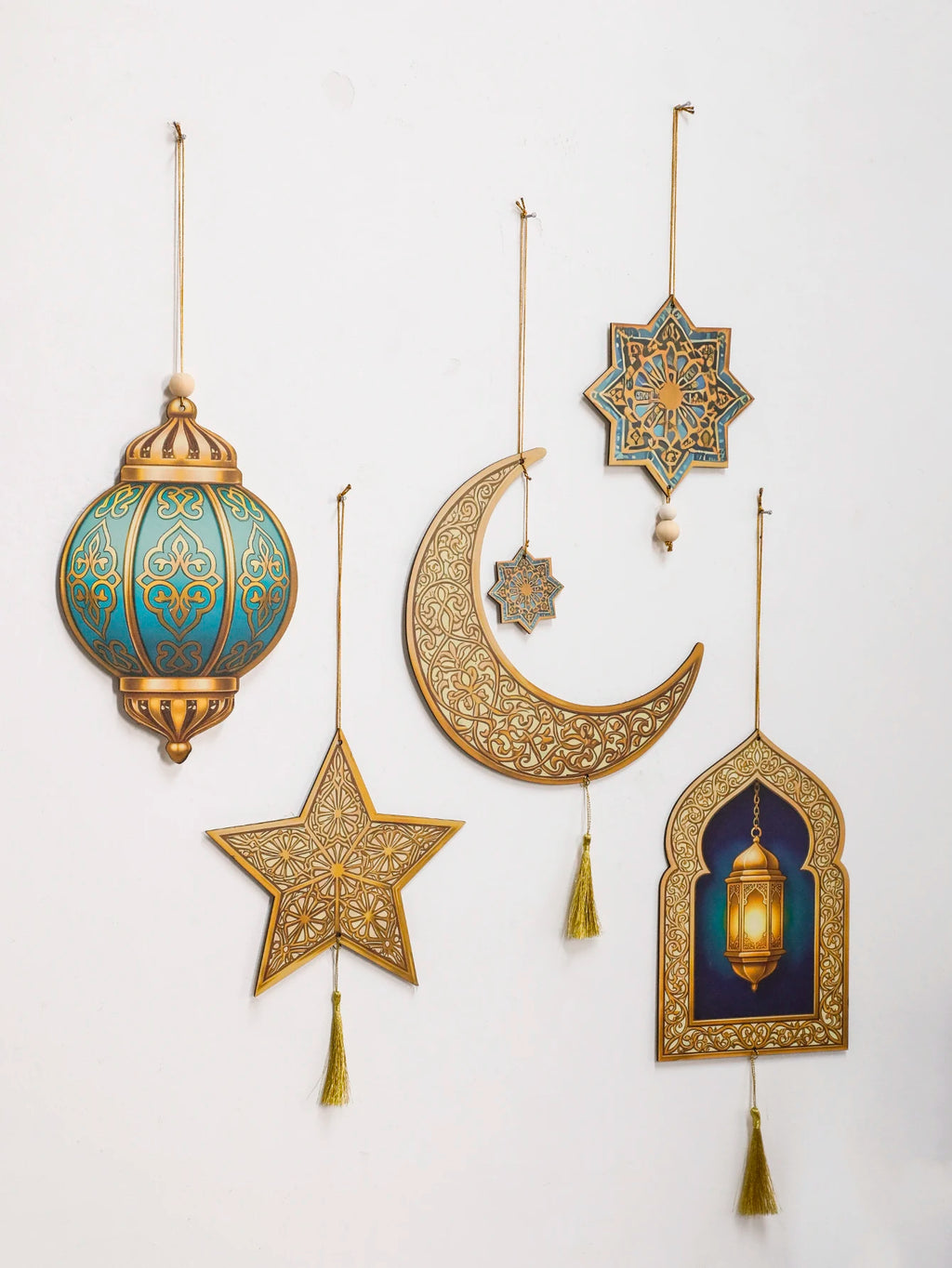 Ramadan Kareem Wall Hanging Decor Islamic Moon Star Lantern Ornaments with Tassel Muslim Festival Decoration for Home Party Gift