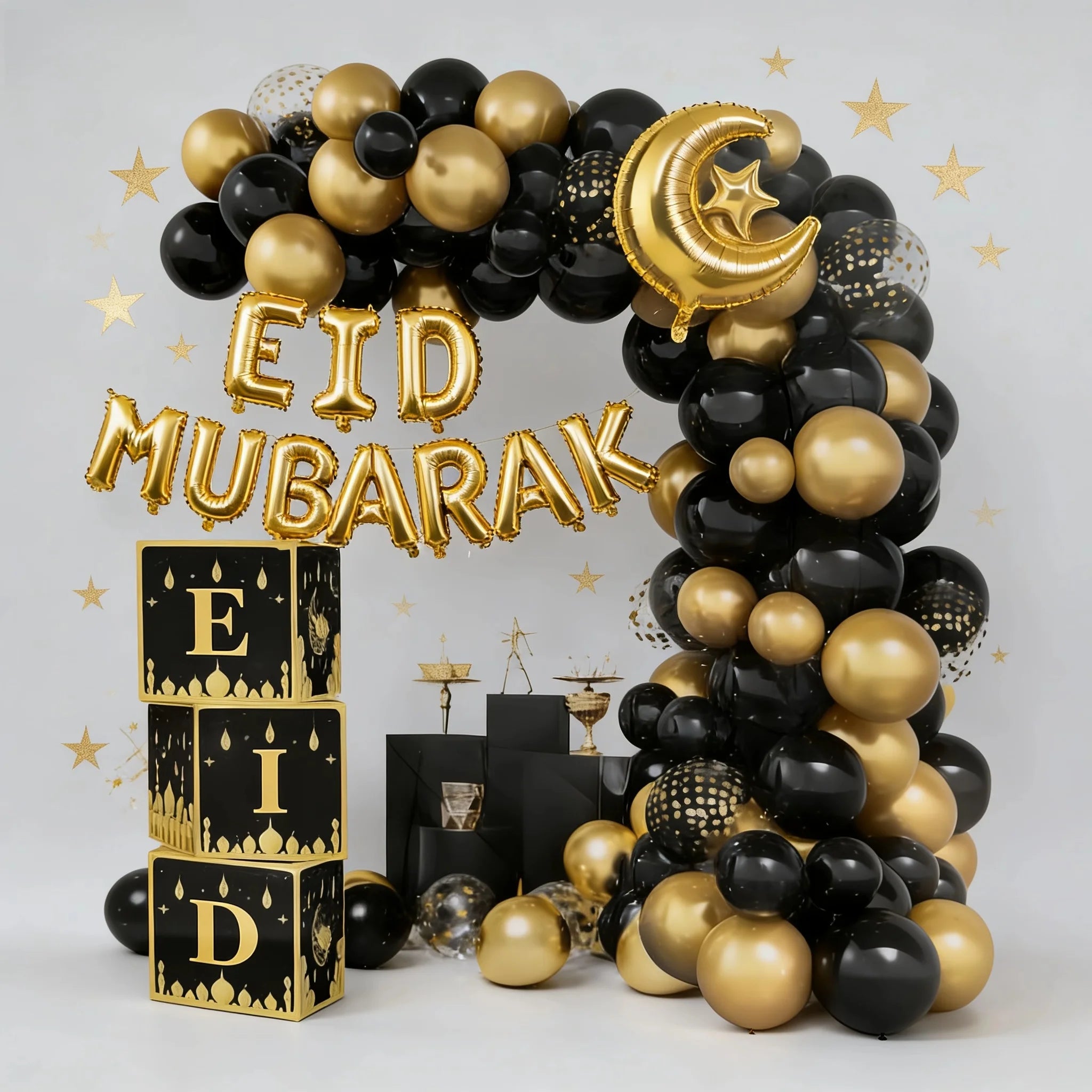 72-Piece Eid Balloon Arch Kit - Black and Gold Moon and Star Balloons, Festive Ramadan Decorations, Suitable for Muslim Party Backdrops