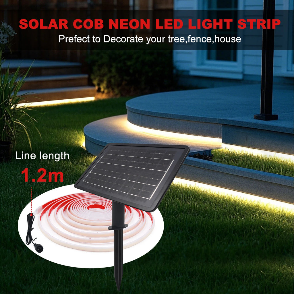 IP68 Waterproof Solar Powered COB Neon Strip 24V 320Leds 3000K 4000K 6000K Red/Green/Blue/Yellow Flexible Ribbon Rope LED Light