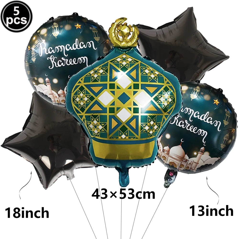 5pcs Eid Mubarak Balloons Decors Ramadan Lantern Moon Star Shape Moon Castle Pattern Foil Balloons Islamic Muslims Party Supplie