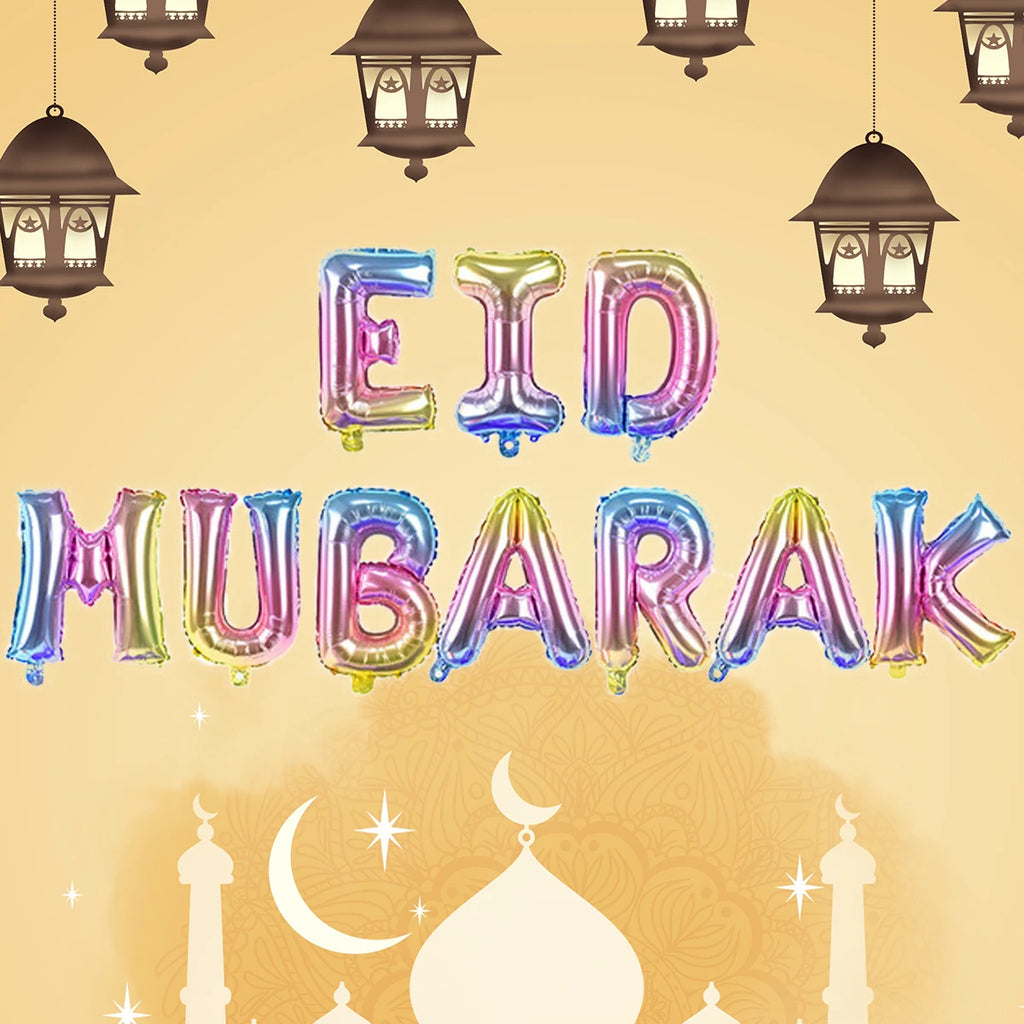 11pcs 16 inch Eid Mubarak Letter Balloons set with Ribbon Ramadan Eid al-Fitr Eid Mubarak Decorations Air Balloons Banner