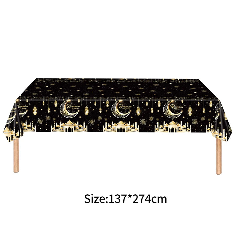 Ramadan Tableware Decorations Moon Star Party Supplies Hanging Cloth Eid Mubarak Banner Eid Plates Cups Tableware Decorations