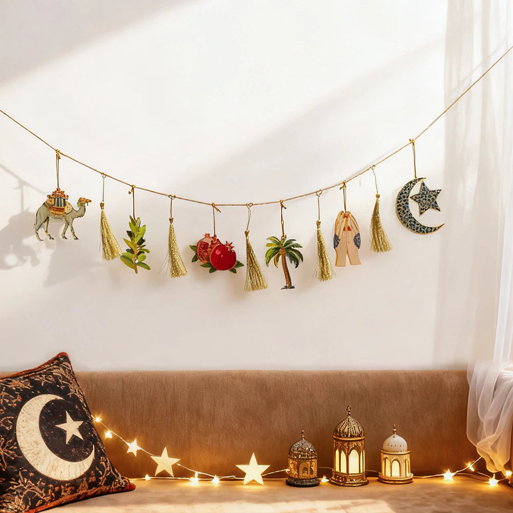 Ramadan Kareem Hanging Garland Islamic Camel Pomegranate Palm Moon Star Decor for Muslim Festival Home Party Wall Ornament Gifts