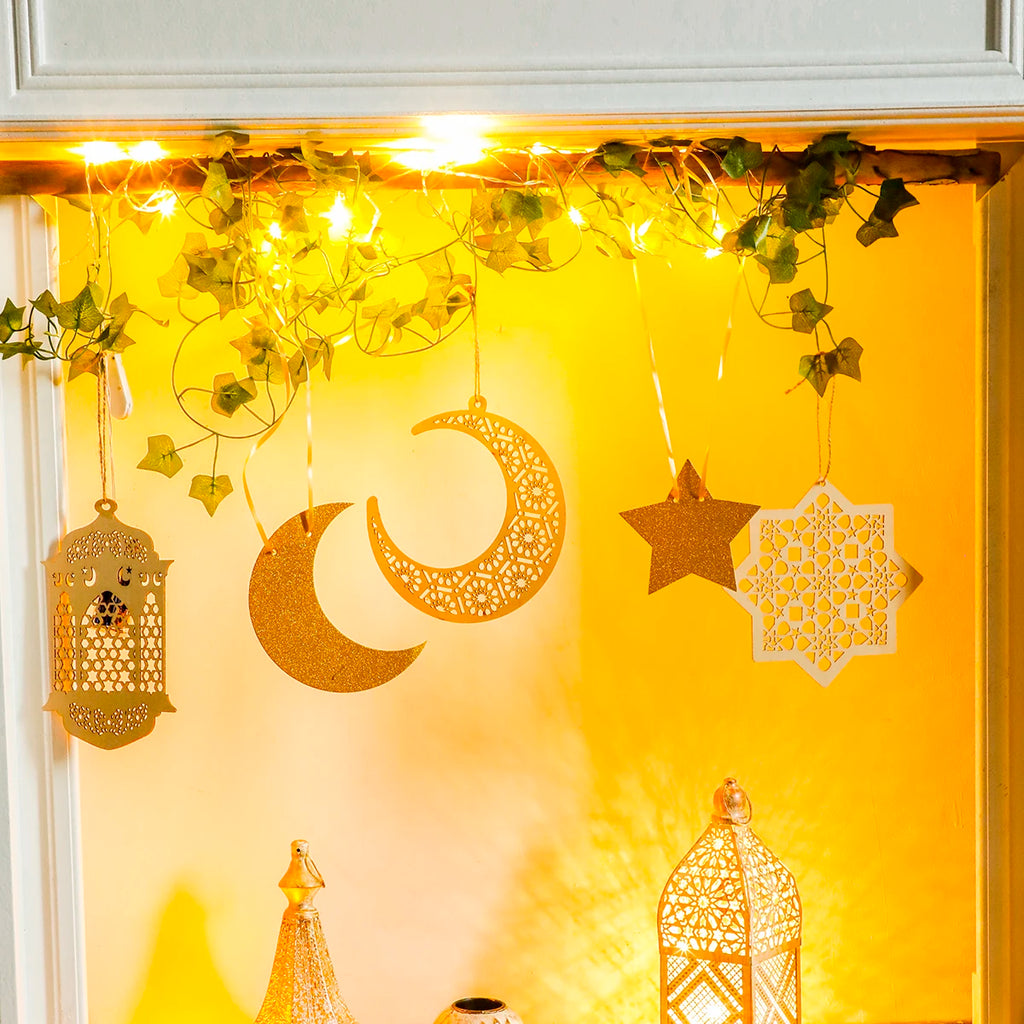 Ramadan Doorway Decor Golden Moon Star Lantern Hanging Ornaments with LED String Islamic Eid Festival Home Entrance Party Gifts