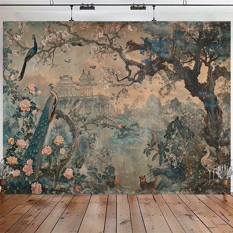 1pc Peacock Garden Tapestry, Art Flower Wall Hanging Art Deco Style Tapestry for Bedroom Living Room Decor 100x230cm