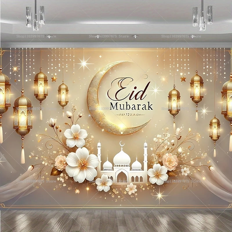 2D Ramadan Golden Crescent Moon Backdrops Eid Mubarak Party Decor Photography Background Banner Studio Photo Booth Props