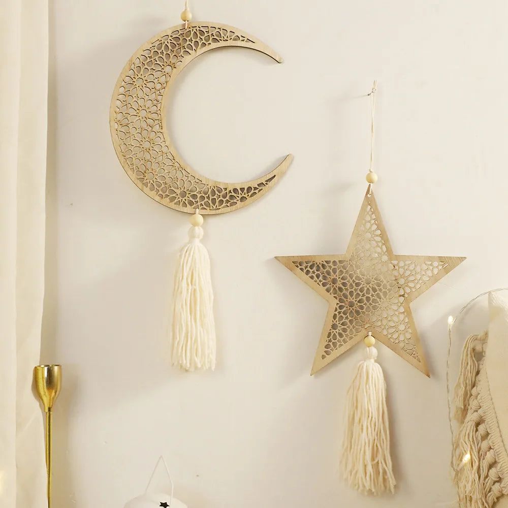 Ramadan Wooden Hanging Ornaments Moon and Star Hollow Mesh Wall Decor Islamic Eid Mubarak Muslim Decor?Ramadan Kareem Gift