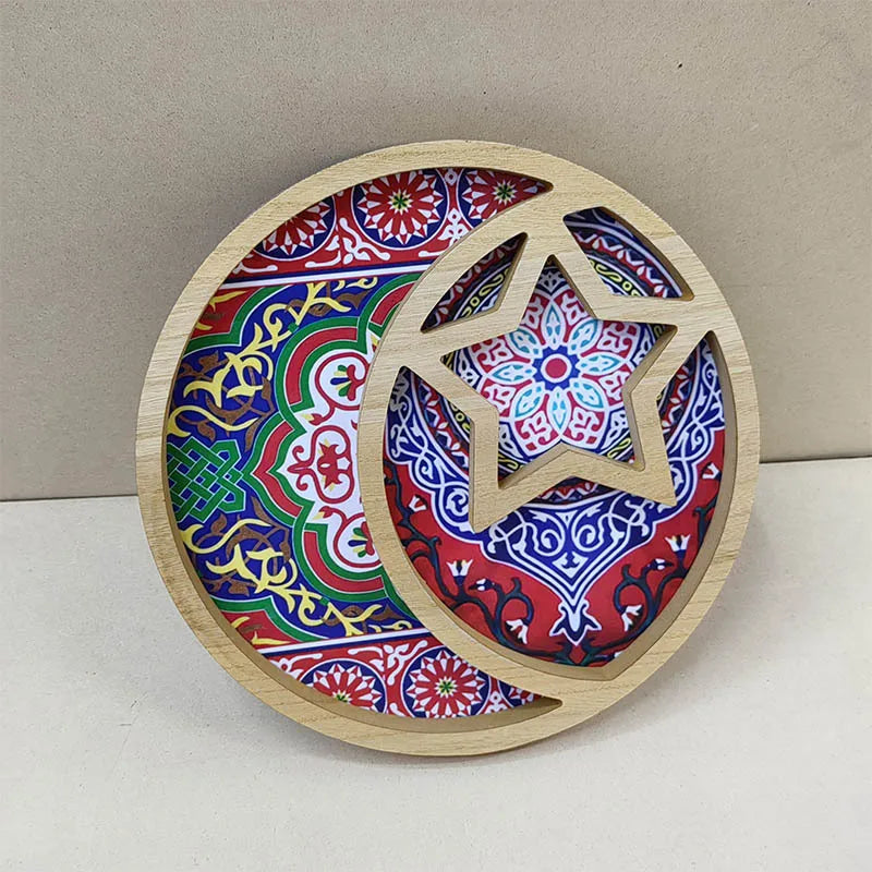 1pc EID Mubarak Wooden Ornaments Decor Star And Moon Tray Ramadan Decoration Home Islamic Muslim Party Decor Party Supply
