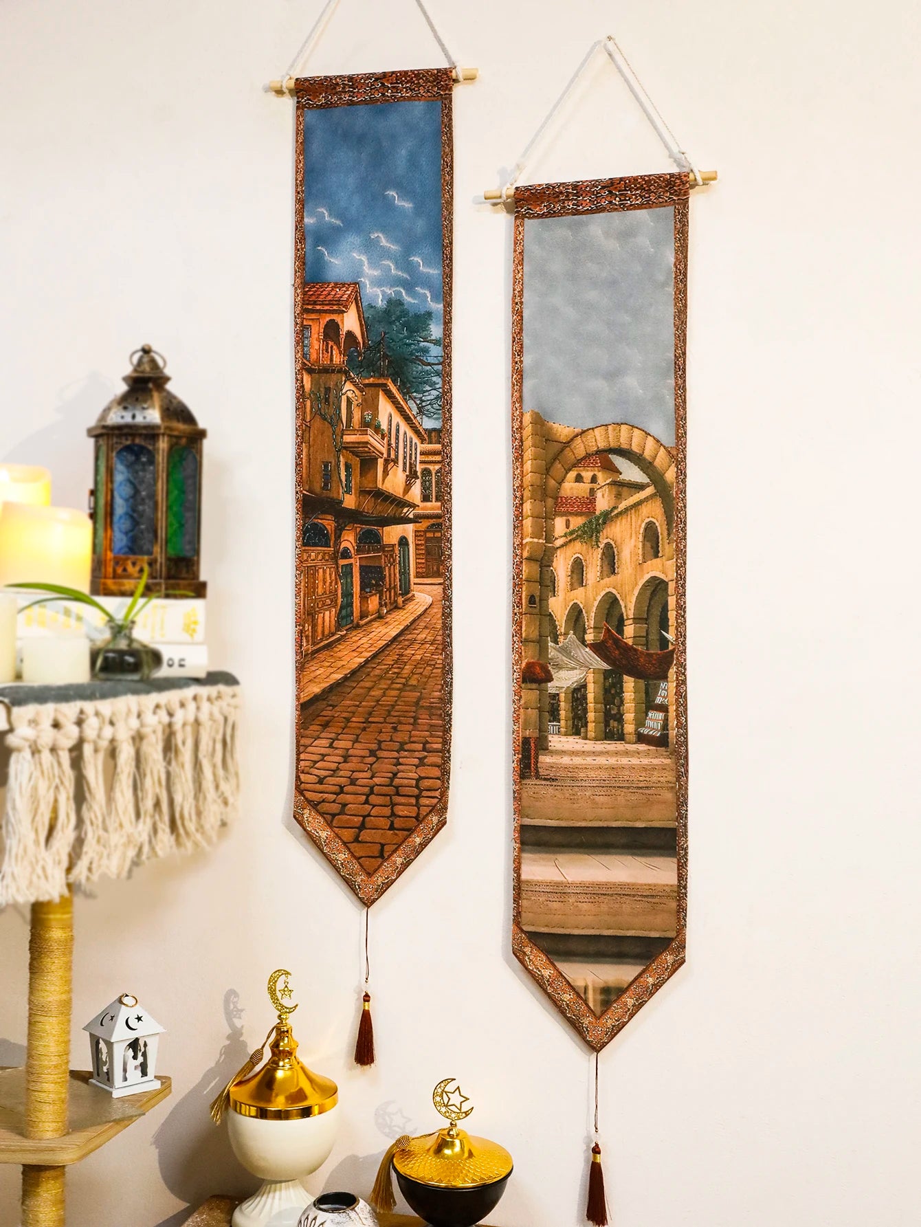 Ramadan Islamic Wall Hanging Tapestry Building Print Banner with Tassel Boho Home Decor for Living Room Bedroom Hanging Art Gift