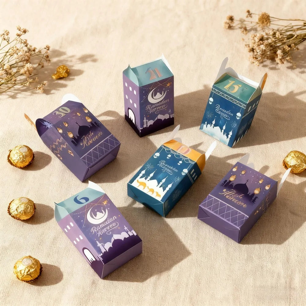 30-piece Ramadan "Exotic Countdown Gift Box"! Mosque Night Scene Design, Colourful and Unique Shapes, Printing Ramadan Dates,