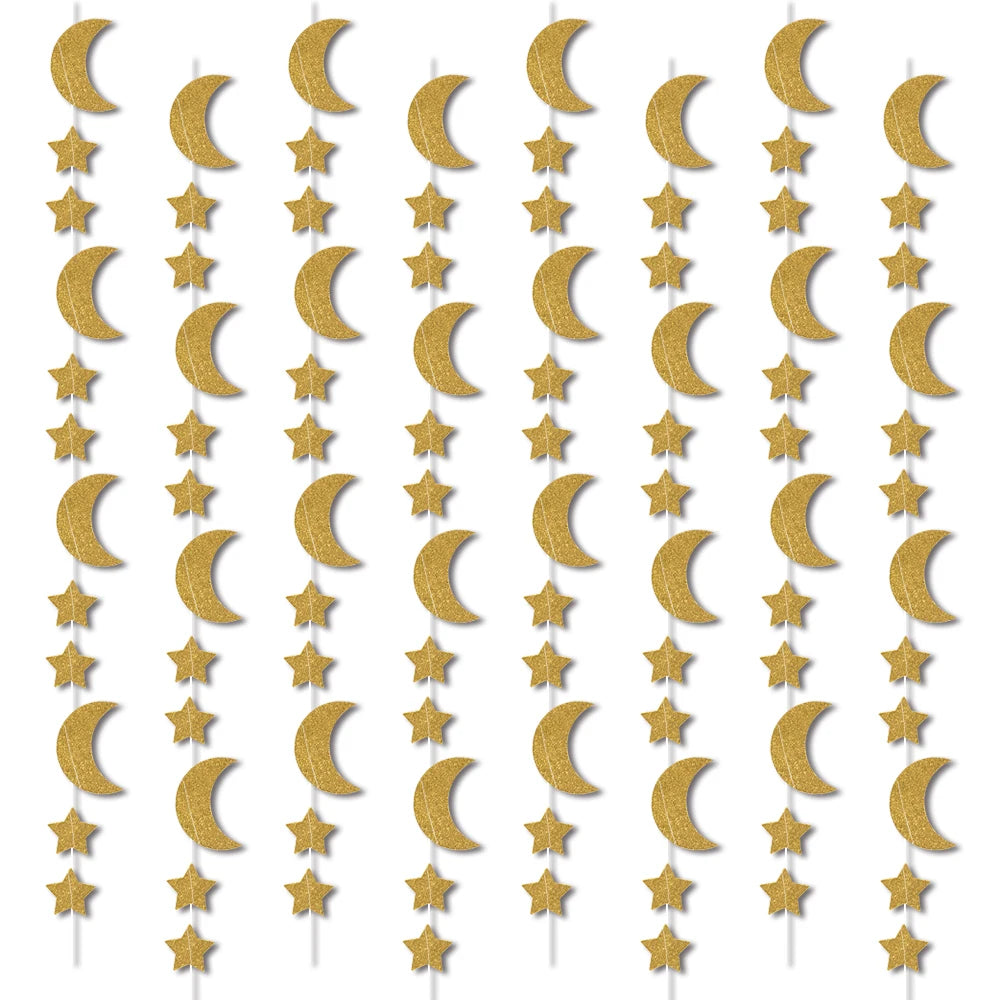 Glitter Gold Star Moon Banner Ramadan Paper Garland Hanging Decoration Ramadan Kareem Eid-al-fitr Islamic Eid Mubarak Decoration