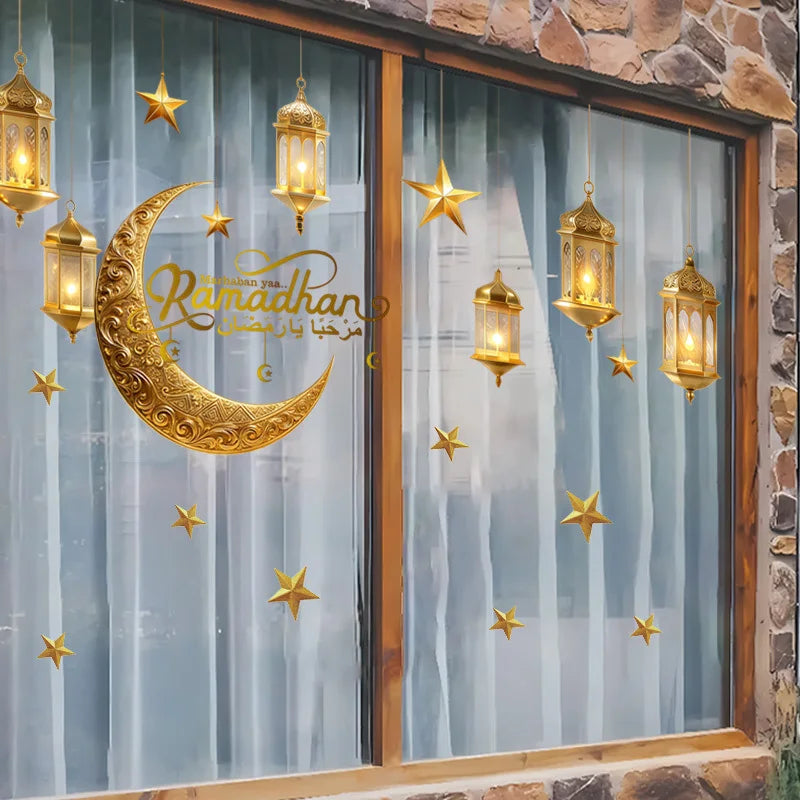 Ramadan Wall Decor Stickers Islamic Muslim Wall Decals Eid Mubarak Ramadan Lantern Moon Star Window Decor for Home Decorations