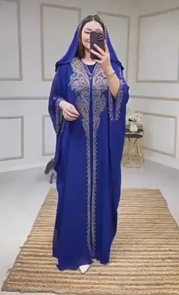 Eid Muslim Dress for Women – Hooded 2-Piece Diamond Jalabiya Kaftan
