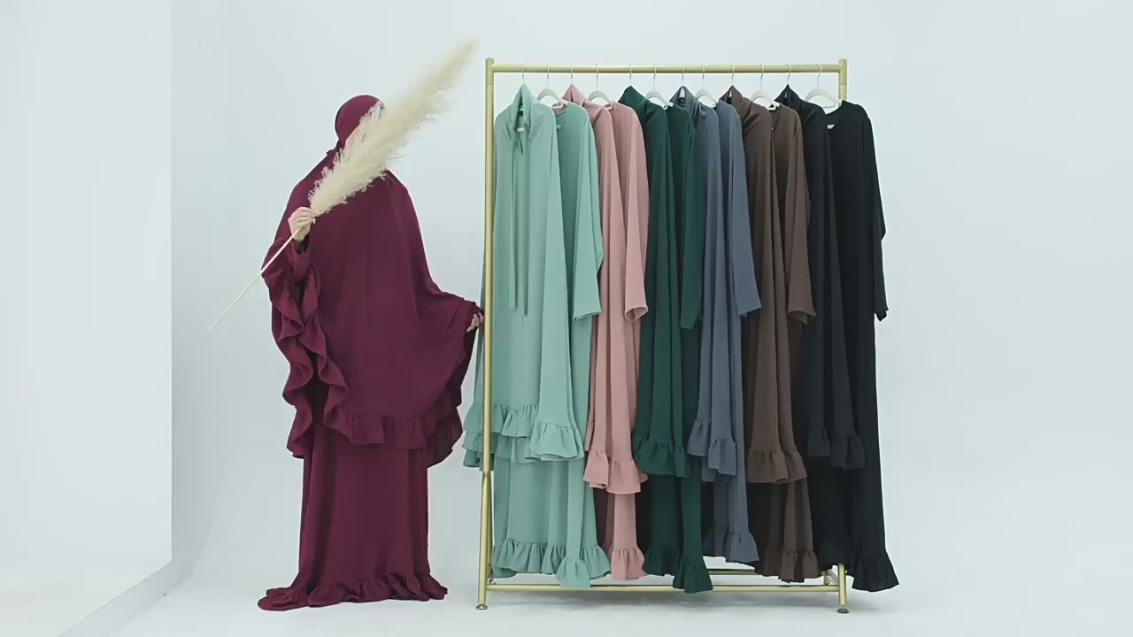Muslim Set Hijabi Ruffles Jilbab 2 Piece Set Extra Long Khimar Scarf  Abaya Dress Dubai Muslim Women Islamic Prayer Clothes Suit
