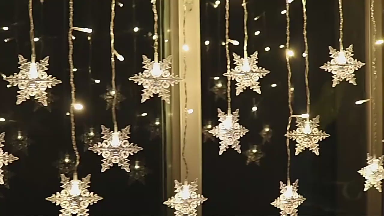 Battery/USB Operated Snowflake Curtain LED String Lights, Indoor & Outdoor Decor, 2024 Christmas Holiday Party Lighting, Wedding Decoration