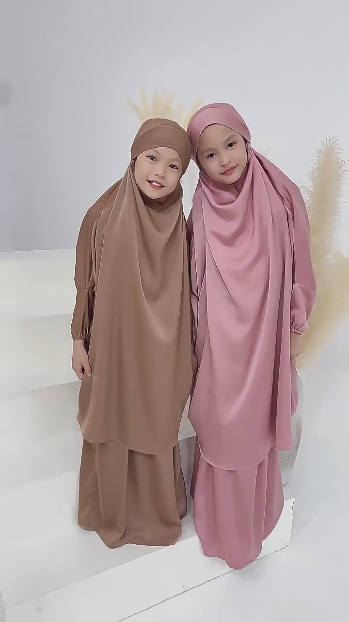 Eid Ramadan Muslim Kids Girls Hijab Dress Hooded Khimar Skirt Abaya Prayer Garment Islamic Clothing Full Cover Burqa Niqab 2PCS