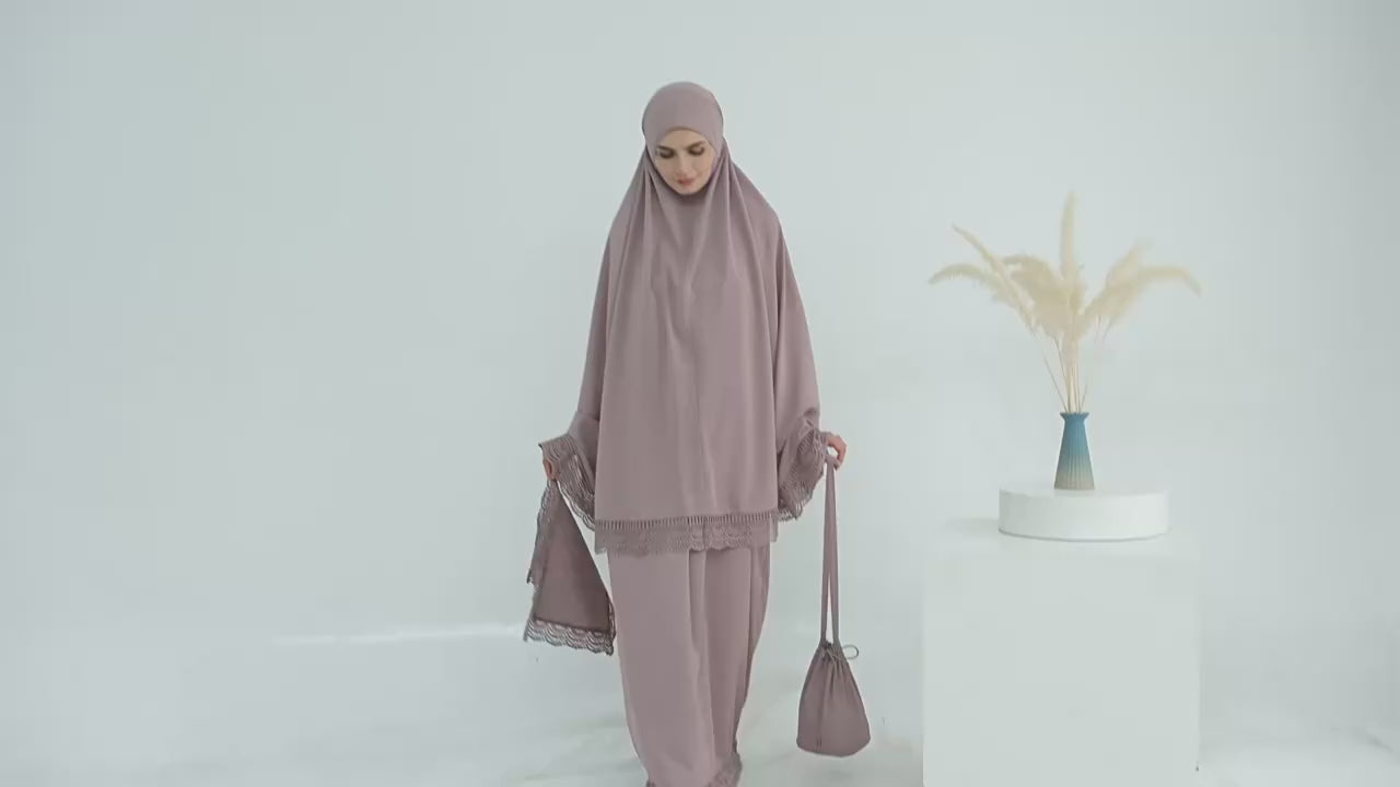 Muslim 4 Piece Set Women Skirts Headscarf Lace Storage Bag Prayer Pad Suit Eid Ramadan Morocco Dubai Hijab Long Skirt Outfits