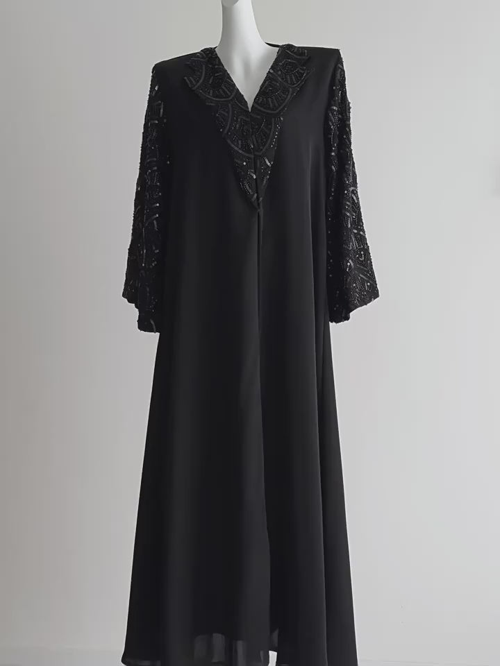 2025 Ramadan Black Beaded Abaya with Hijab – Luxury Dubai Muslim Dress