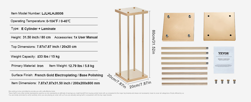 VEVOR Gold Metal Column Wedding Flower Stand High With Metal Laminate Vase Geometric Centerpiece Stands Cylindrical Floral