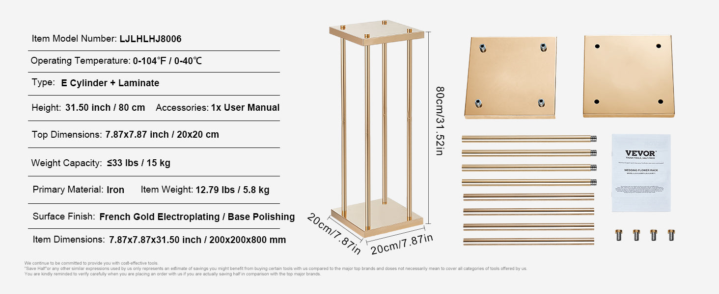 VEVOR Gold Metal Column Wedding Flower Stand High With Metal Laminate Vase Geometric Centerpiece Stands Cylindrical Floral